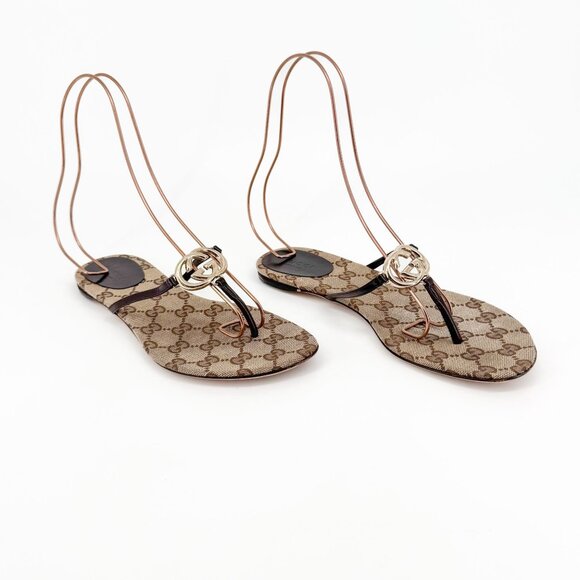 Gucci Interlocking GG Flat Thong Sandals Size 7 Brown Monogram Flip Flop Slide - Picture 1 of 12